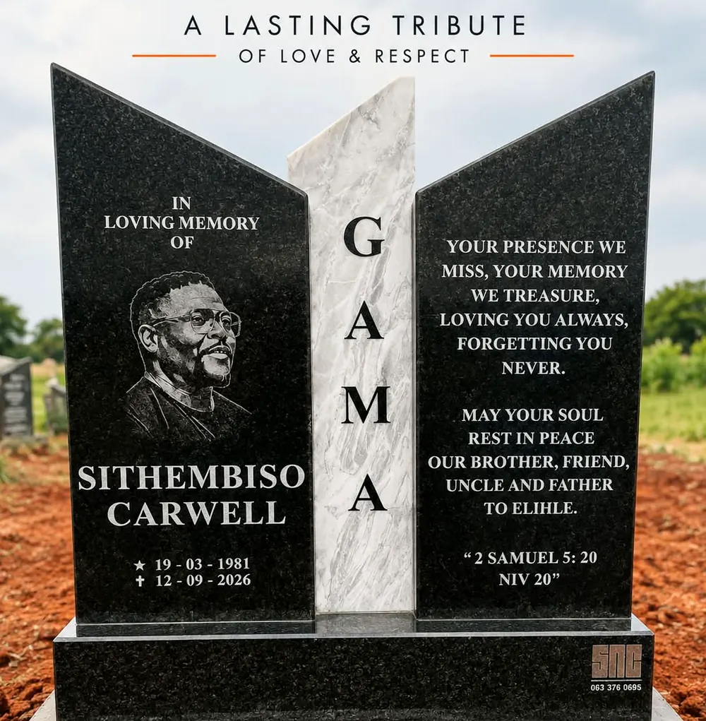 Granite tribute memorial with engraved portrait, designed by SNC Tombstones